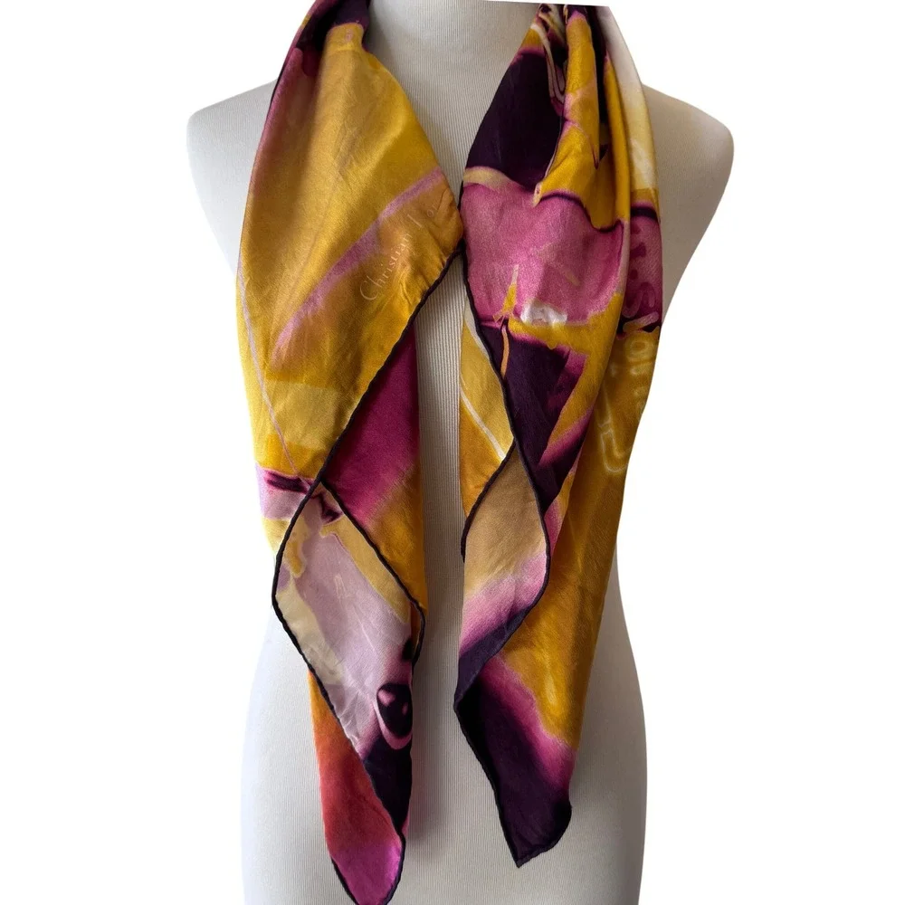 Vintage Christian Dior Chris 1947 Silk Square Scarf Purple Pink Yellow Y2K 33in